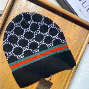 Gucci Black Knit Hat with Red and Green Accents